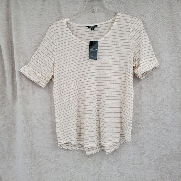 Lauren Ralph Lauren Women's Plus Size 2X Linen Top Cream Tan Stripes NEW - Picture 1 of 10